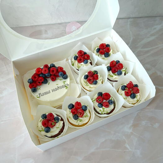 Бенто торт и ассорти капкейков с Вашей надписью подарок на день рождения, годовщину свадьбы