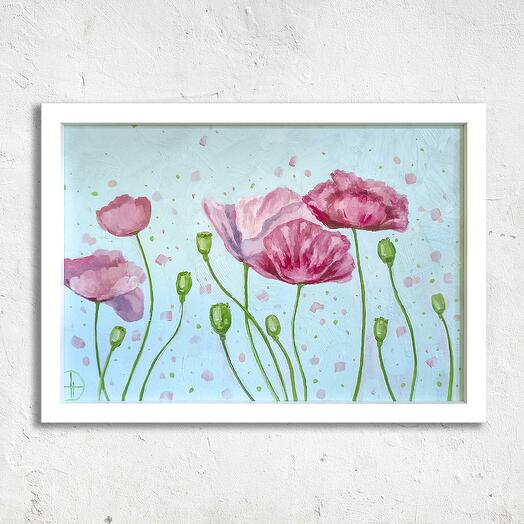 Картина маслом с маками авторская живопись на картоне в раме А4 "Розовые маки"