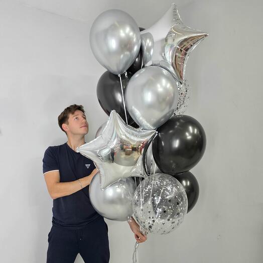 Воздушные шары мужчине, черные и серебряные, 15 шаров