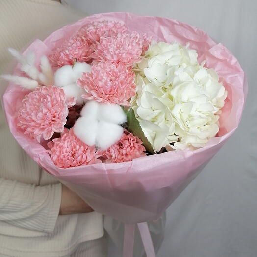 🥰Милый букет из гортензии, ярких хризантем и сухоцветов