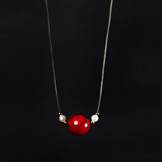 Чокер ожерелье Ива Белый жемчуг культивированный и Красный коралл 14K 35 см (CHO1034)