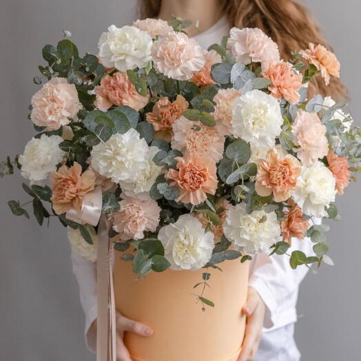Цветы в коробке диантусы Кремовые