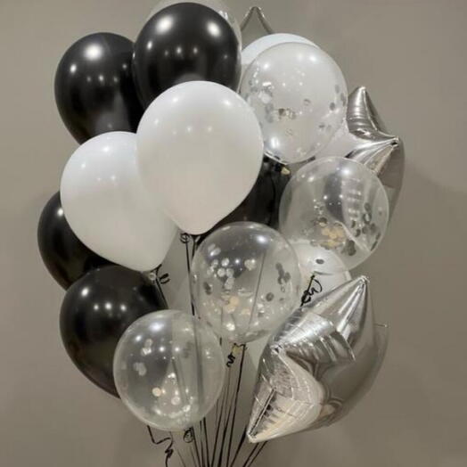 Большая связка из микса шаров: чёрные шары, белые, прозрачные, серебро
️