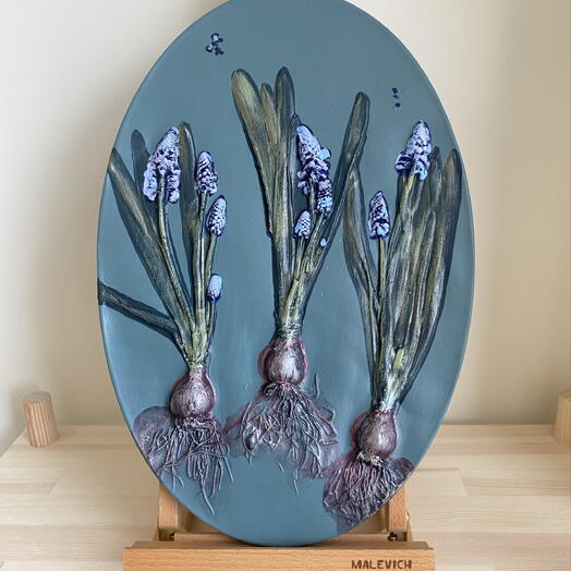 Панно настенное декоративное, Мускари цветы Прованс, Ботанический барельеф , Гипсовая картина