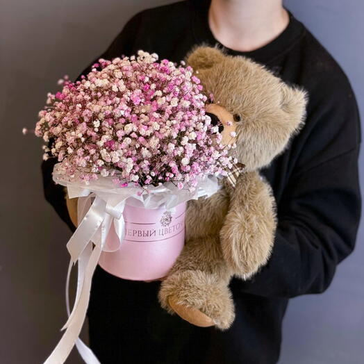 Композиция для любимой: розовая гипсофила с мишкой 🎀🐻