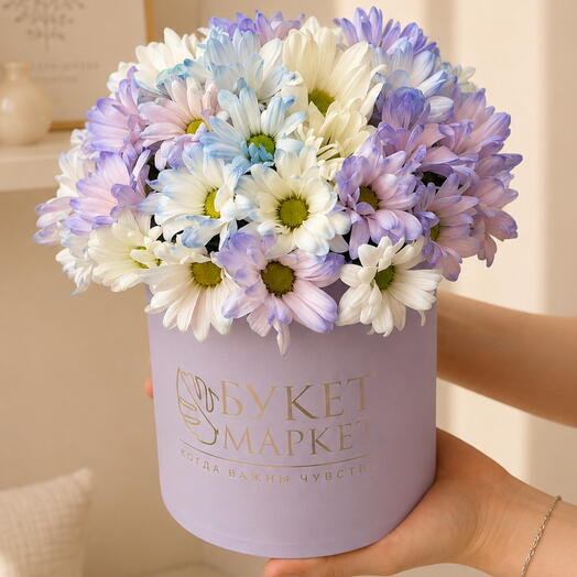 Композиция из ромашковых хризантем в лавандовой коробке 14 см 🌸 Нежный подарок