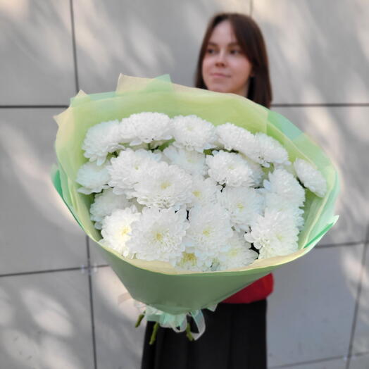 5 махровых белых хризантем в упаковке "Сладкая вата"