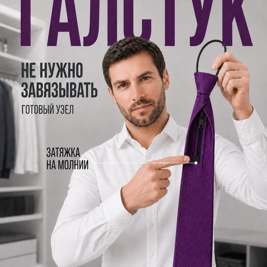Фальшгалстук мужской фиолетовый широкий на затяжке с готовым узлом в полоску