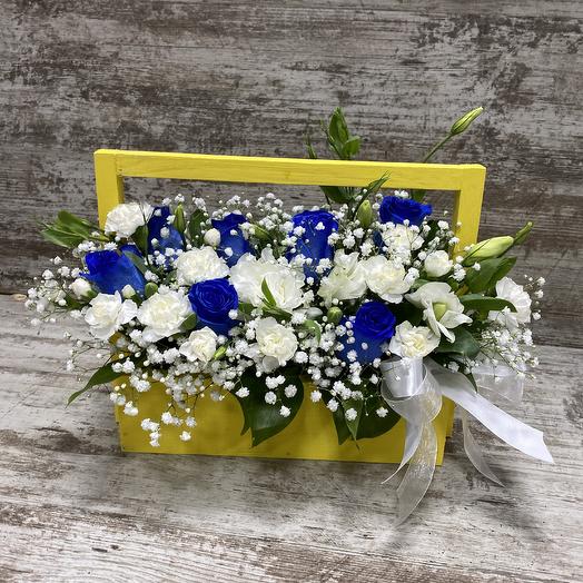 A box of blue roses, eustoma and carnation
