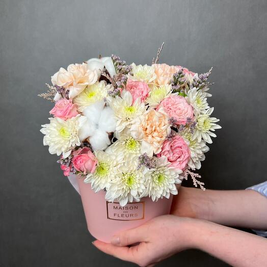 Composition, flowers in a pink box MAX with chrysanthemum, peony rose, cotton and dianthus