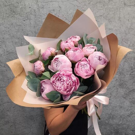 Peonías rosa 11 piezas con eucalipto para cumpleaños, sin motivo