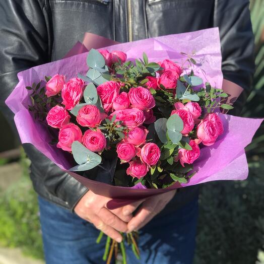 Bouquet of peony-shaped roses with eucalyptus