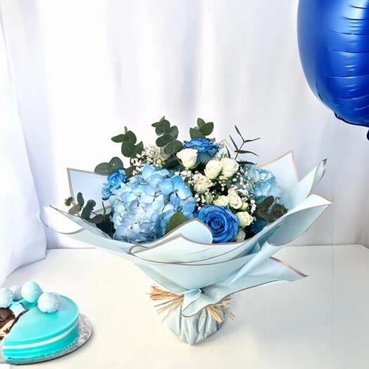 Clouds in the Sky Blue Hydrangea and Roses Bouquet