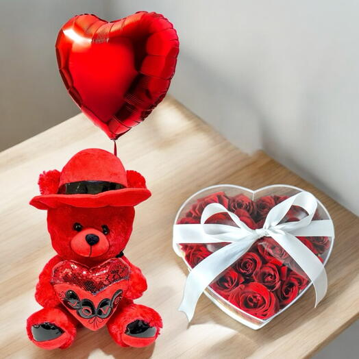 Red rose Heart box with teddy bear