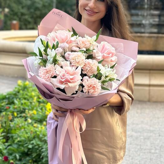 Bouquet with white alstroemeria, dianthus and delicate roses