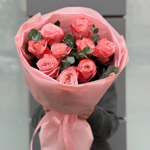 Bouquet with roses and eucalyptus