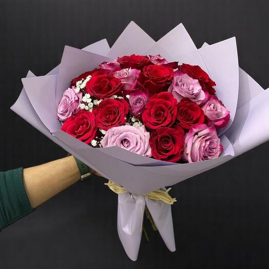 21 Red   Purple Elegance – Romantic Mixed Rose Bouquet in Lavender Wrap
