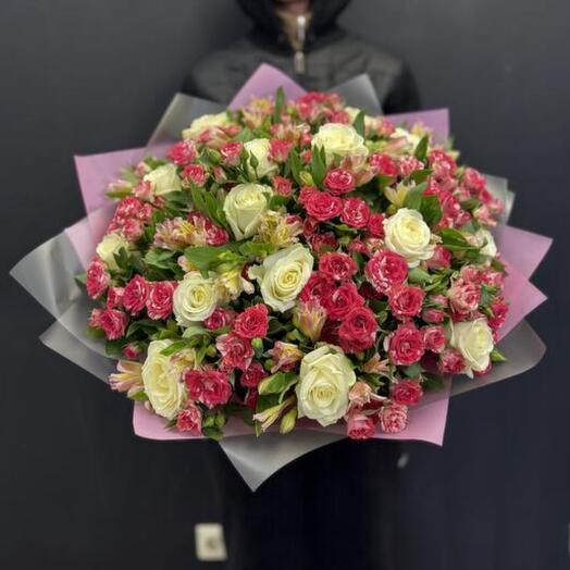 Signature giant bouquet of alstroemeria, white roses and spray roses