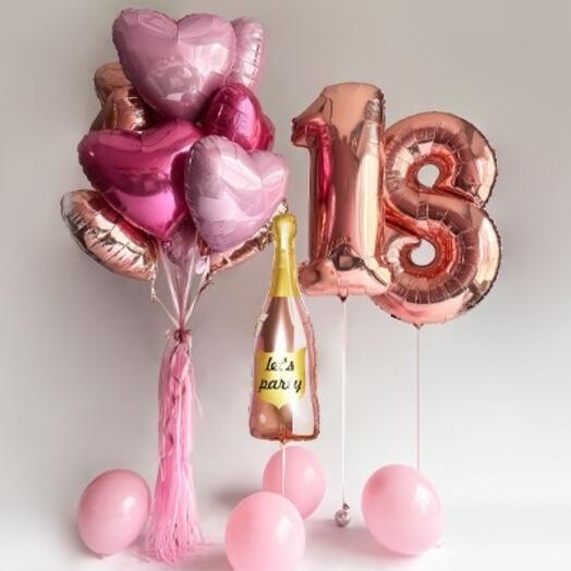 Шары на 18 лет для подруги, для дочки, девушке: Композиция Азалия, с шариками на пол