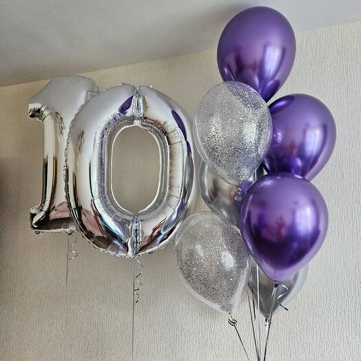 Гелиевые шары фиолетовые и серебряные хром на 10 лет дочки, сына