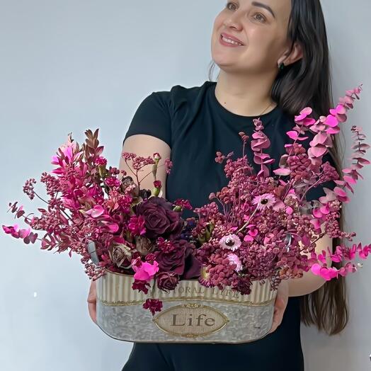 Цветочная Композиция из сухоцветов в металлическом кашпо