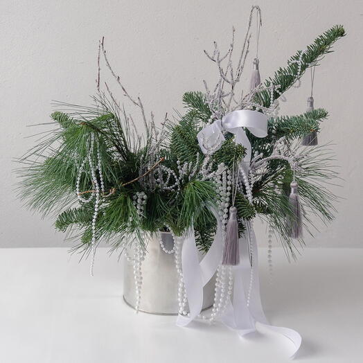Воздушная композиция с живой пихтой Нобилис в металлической банке 16 см