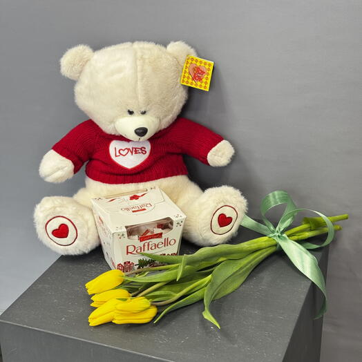 Идеальный подарок - букет тюльпанов, мишка и конфеты Рафаэлло 💐🧸😍