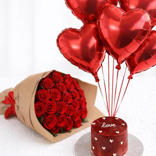 "Весеннее признание": 5 фольгированных сердец, букет роз и бенто-торт» 🌷️