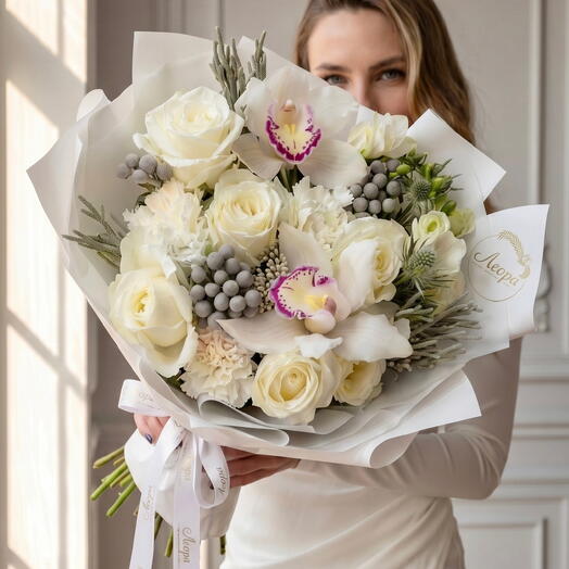 Букет Белоснежный с Орхидеями и розами. Авторский букет 538. Leoraflowers
