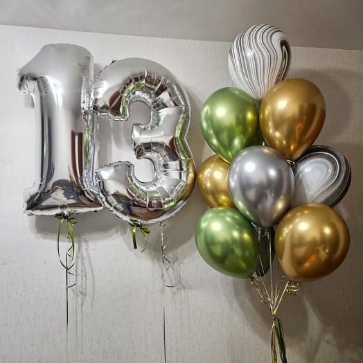 Салатовые,золотые и серебряные шары на 13лет сына,мальчика -13шаров