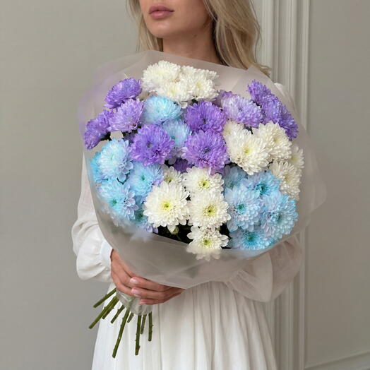 Букет с разноцветными кустовыми хризантемами (9 веток) от XOFLOWERS