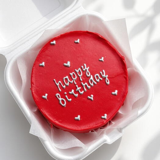 Бенто-торт "Happy Birthday" красный с серебряной надписью
