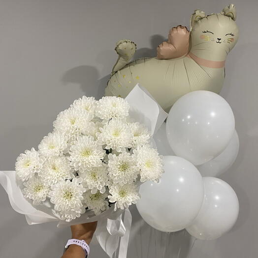 «Белоснежный роман» 🕊️🌷
Букет цветов и воздушные шары
Цветы | Шар кошечка и торт | Белые шары