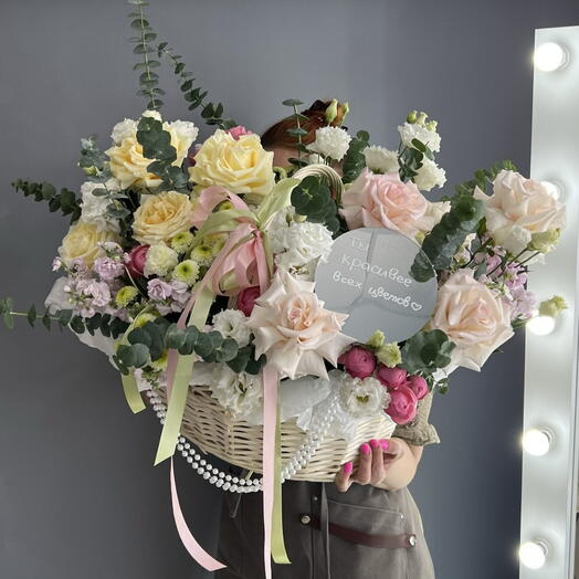 Корзина большая 🌸 Роза французская 🥐🌸👆 Роза Канделайт 🧡 ароматная маттиола 💜 белоснежная гортензия 🌿🤍🌿