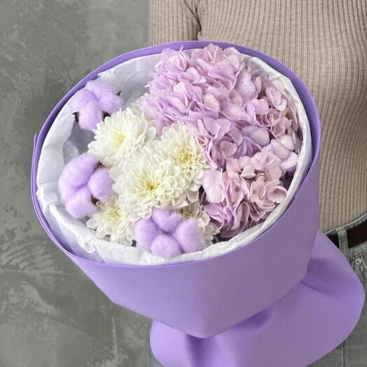 Букет фиолетовая гортензия, хризантема и хлопок 💜