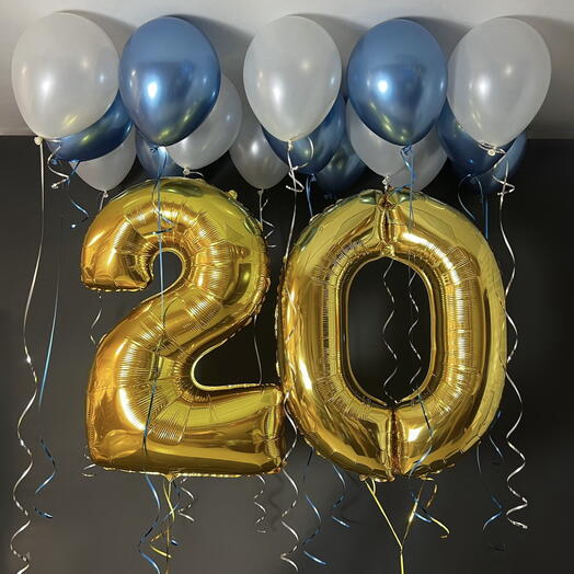 Цифры золото и 20 шаров, хром синие и белые под потолок