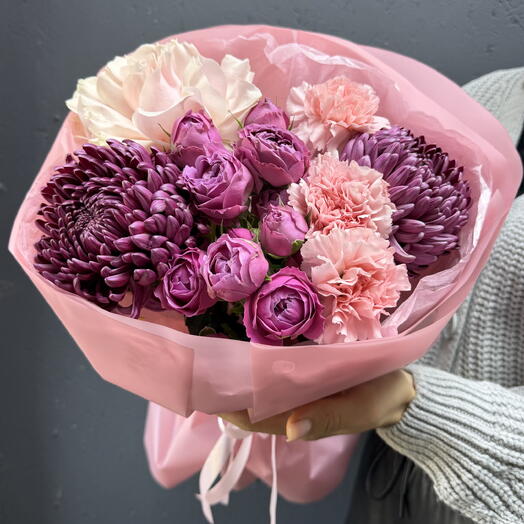 Бургунди 💕 Букет французская Роза, хризантемы бигуди, кустовые пион розы, диантусы