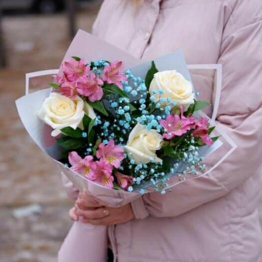 Букет Трио ( роза, альстромерия, гипсофила)