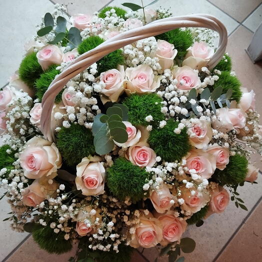 Flowers in a Basket with pink roses