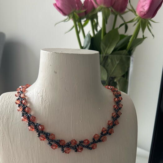 Orange Bicone and Dark Blue Seed Beaded Necklace