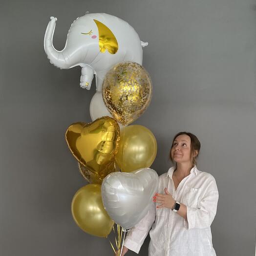 Globos de cumpleaños para niño , para niña , globos de alta: una Fuente de globos blancos y dorados con un elefante