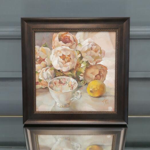 Картина на холсте маслом "Натюрморт с пионами и лимоном", 37*37 см