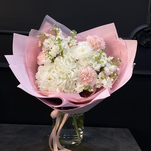 Author's bouquet with fragrant mattiola and hydrangea