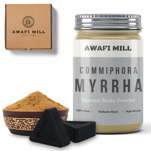 AWAFI MILL Myrrh Resin Incense Powder | Triangle Charcoal Tablet - Bottle of 100 Gram with 20 Charcoal Piece