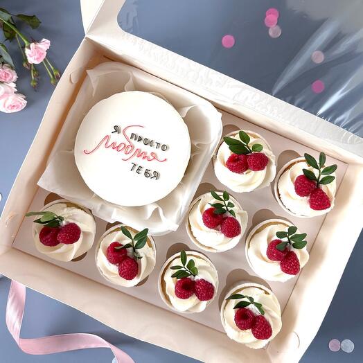 Комбо набор бенто торт «Я просто люблю тебя» и 8 капкейков с мармеладной малиной