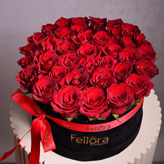 35 Premium Red Roses in a Black Round Box-5696