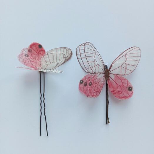 Комплект шпилька+невидимка с бабочками Розовый румянец