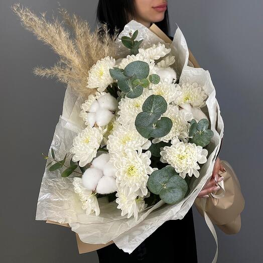 Bouquet of white chrysanthemums with eucalyptus