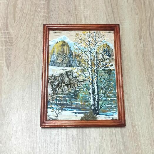 Картина на бересте (20*25 вертикальная темная рама)