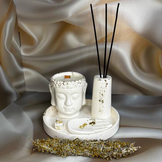 Подарочный набор «Гармония» с Будда: аромасвеча, подставка, ваза, благовония, скрутка
